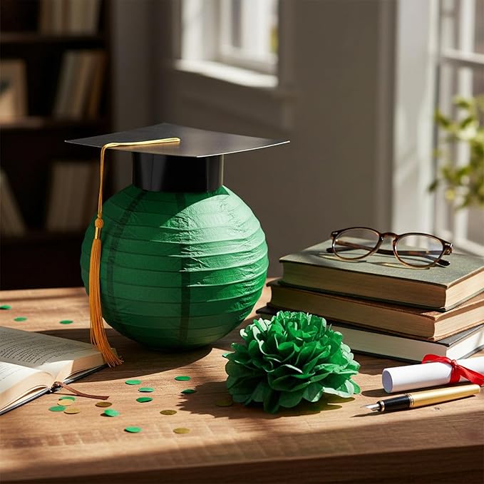 Gilprop 15 Pcs Black and Green Graduation Decoration 2026 Paper Lanterns Graduation Party Decorations Hanging Round Paper Lanterns with Black Grad Hat Tassel for Congratulation Grad Decorations