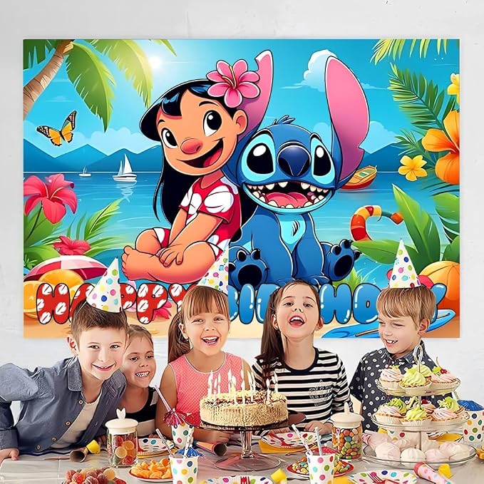 Wall Decor Backdrop for Stitch Birthday Decorations, Cute Banner for Stitch Party Supplies (5x3ft)