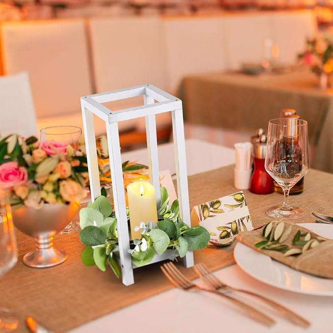 Geelin 10 Pcs Wooden Wedding Lantern Centerpiece Candle Lantern Table Wooden Candle Holder Decorative for Wedding Party Table Valentine Decor(13 in,White)