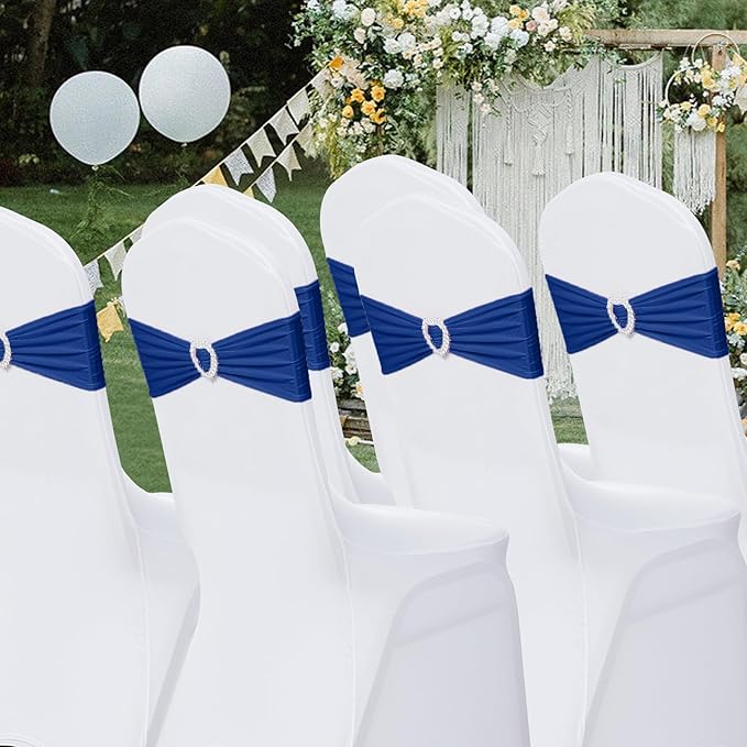 Howhic Pack of 60 Spandex Chair Sashes Bows Stretch Chair Cover Band with Buckle Slider Universal Elastic Chair Ties for Wedding Banquet Party Event Decoration (Navy)