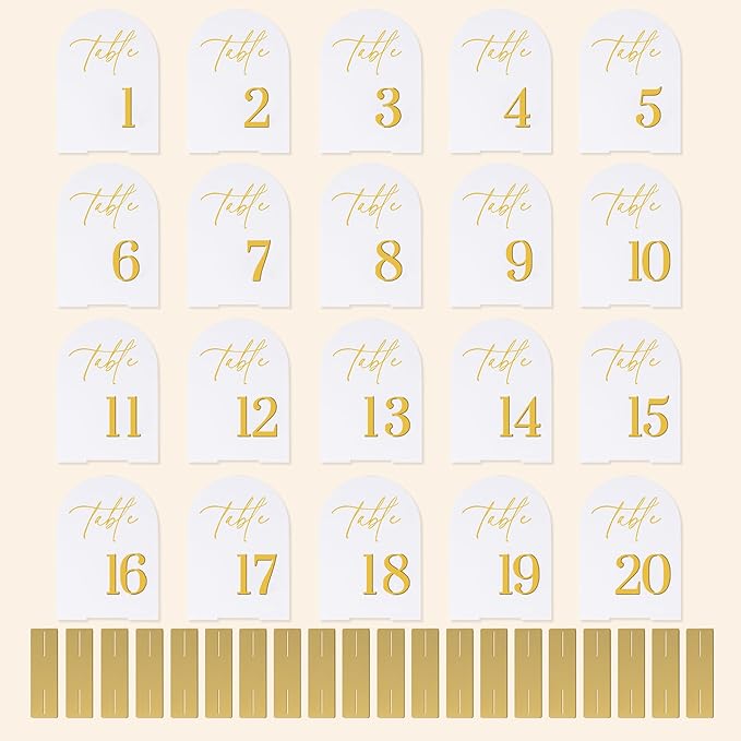 Wedding Table Numbers 1-20 with Stands,5x7 inch Arch Acrylic Table Numbers Signs with Gold Foil Embossed for Wedding Reception, Anniversary, Birthday,Party and Events Decor
