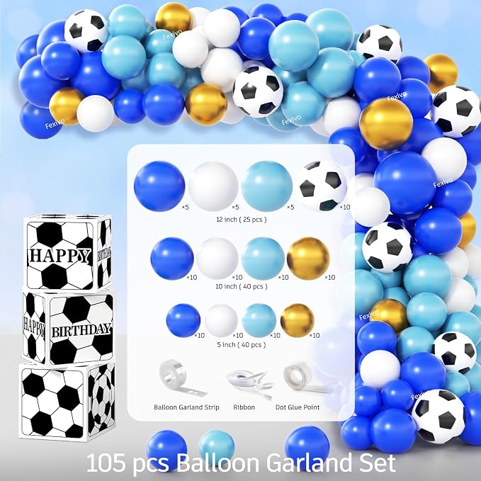 Soccer Birthday Party Decorations, All-in-1 Supplies Pack, Includes Plates and Napkins, Backdrop, Tablecloth, Balloon Kit for Blue Soccer Theme Party Decorations