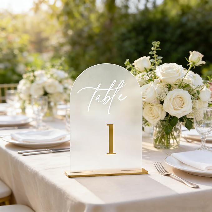 Frosted Wedding Table Numbers 1-15 with Stands, Elegant Gold Number Arch Acrylic Signs with Holder, 5.5" x 7" Gold 3D Table Numbers for Wedding Reception, Party, Anniversary, Events