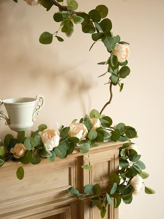 MISSPIN 2pcs Artificial Flowers Garland Spring Eucalyptus Garland Vintage Fake Flower Peony Rose Vine Greenery Decorative Wall Hanging Plant for Wedding Arch Door Arrangement Party Decor