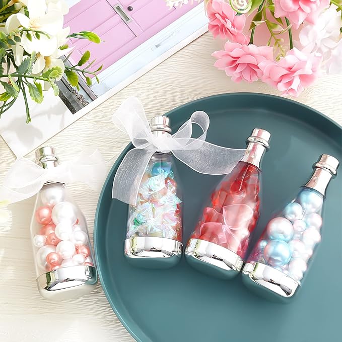 Cunhill 54 Pieces Champagne Candy Bottles Bridal Shower Favors Mini Bottle for Baby Shower Bulk Small Plastic Wine Alcohol Containers for Wedding Birthday Party(Silver)