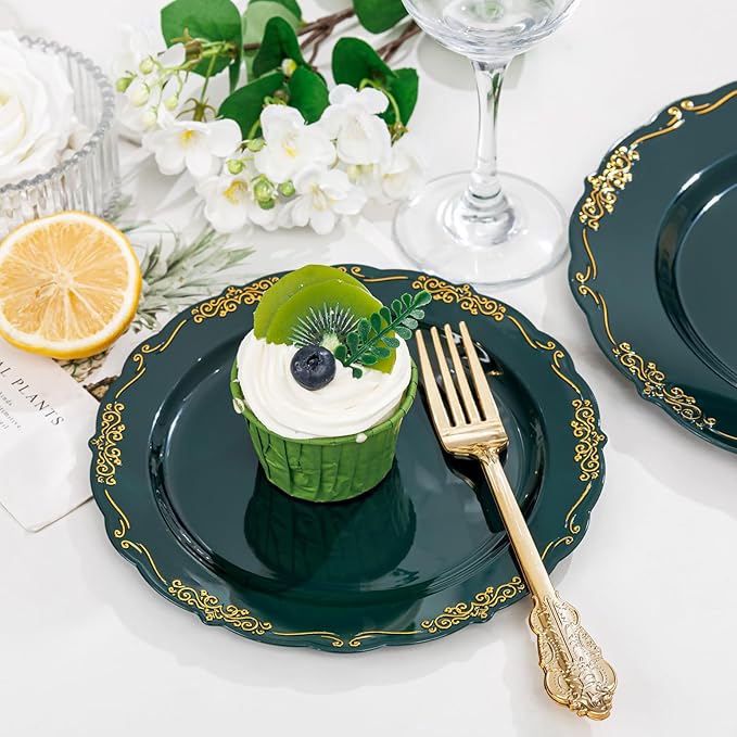 DaYammi 150Pcs Green Plastic Plates with Gold Silverware,Green Disposable Plates for Party include 30 Dinner Plate,30 Dessert Plate,90 Gold Plastic Cutlery,green gold plate for Party Dinner