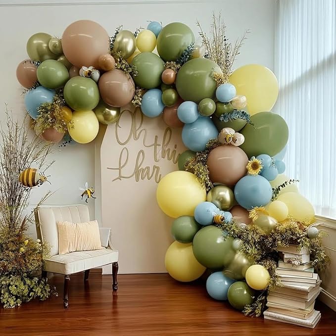 Blue Yellow Green Balloon Garland Double Stuffed Sage Green Dusty Blue Yellow Gold Balloons Pastel Balloon Arch Kit for Baby Shower Birthday Easter Gender Reveal Wedding Party Decorations