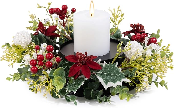 MOYEE Christmas Winter Centerpieces for Tables Candle Ring, Black Metal Candlestick with an Artificial Wreaths 14 in Versatile Dining Table Centerpiece Decor (White Ball Wreath)