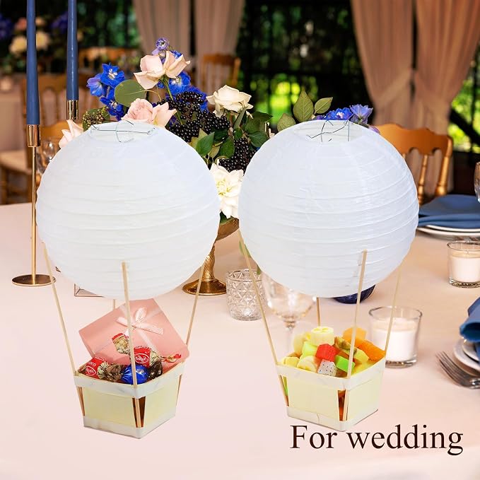 Namalu 24 Set Hot Air Balloon Table Centerpieces Baby Shower Party Decoration Paper Lanterns with Wooden Basket Sticks for Summer Birthday School DIY Craft(White)