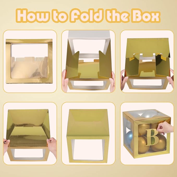Baby Boxes with Letters for Baby Shower Decorations - 4 Transparent Balloon Boxes for Gender Reveal (Gold)