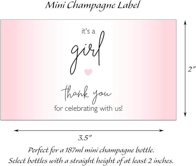 It’s a Girl Mini Champagne Bottle Labels ● SET of 12 ● Pink Baby Shower Mini Champagne Label, About to POP Thank You for Celebrating with us Favors Stickers Gender Reveal WATERPROOF (Minimalist)