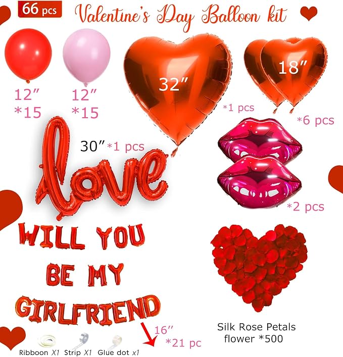 Red 'WILL YOU BE MY GIRLFRIEND' Confession Letter Balloons with red and pink balloons,Heart-Shape, lips, love Foil Balloons and Rose Petals for Romantic Special Night Decorations and Valentines Day