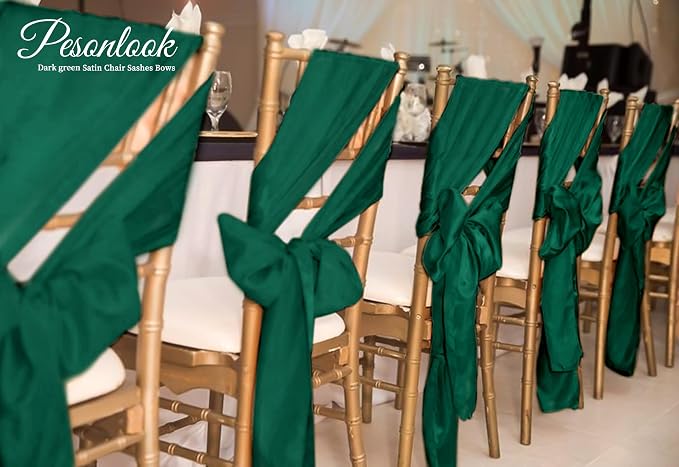 Pesonlook 120 PCS Forest Green Satin Chair Sashes Bows,Satin Chair Sashes Universal Chair Cover for Wedding Reception Restaurant Event Decoration Banquet,Party,Hotel Event Decorations (7 x 108 inch)