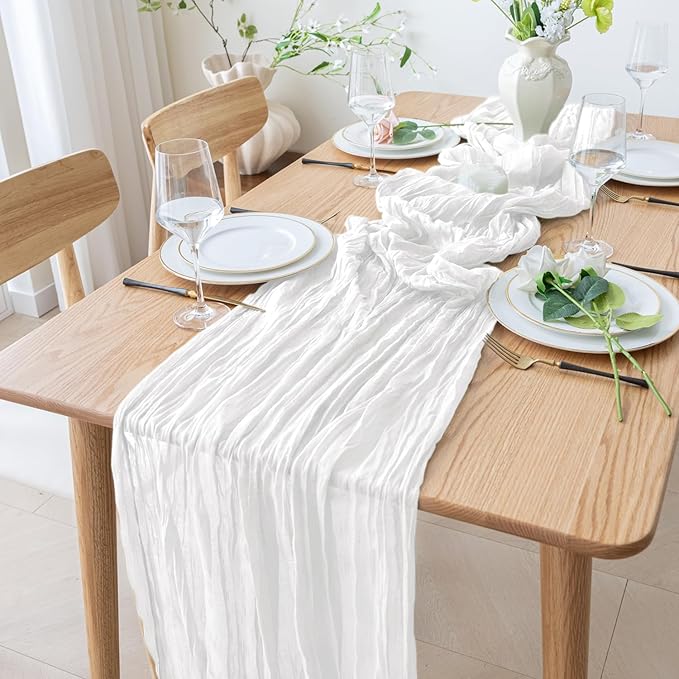 6PCS Table Runner Cheesecloth 10FT Ivory Boho Gauze Cheese Cloth Rustic Sheer Table Runners for Wedding Bridal Baby Shower Party Decoration