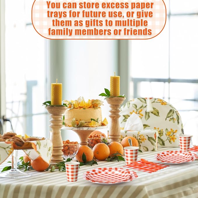 Funnymoom 400 Pcs Gingham Party Supplies for 50 Guests Orange and White Paper Plates and Napkins Knives Spoon Fork Cup Disposable Checkered Dinner Party Set Cutlery for Baby Shower Wedding Favor