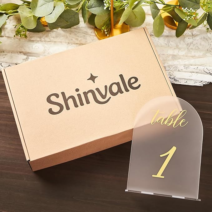 SHINVALE Arch Acrylic Wedding Table Numbers with Gold Foil Font – Frosted Finish, Elegant Modern Design with Stands, Easy Assembly Table Signs for Weddings, Parties & Events (15, 5" x 7")