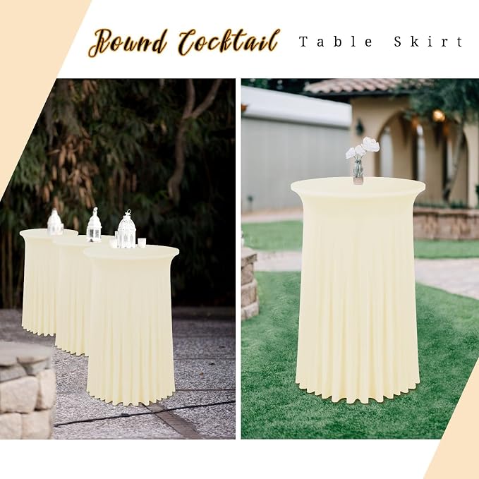 6 Packs 32"x 43" Round Cocktail Table Skirt, Spandex Fitted High Top Table Skirt, Spandex Stretch Cocktail Tablecloth for Wedding Party Bar Banquet Birthday Tables(Beige)