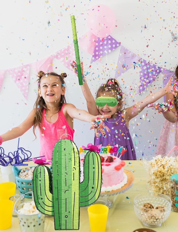 Cactus Piñata for Cinco de Mayo, Mexican Party Decorations, and Fiesta – Fun Hanging Piñata with Blindfold, Stick & Confetti, Perfect for Birthday & Fiesta Celebrations (16"x12"x3")