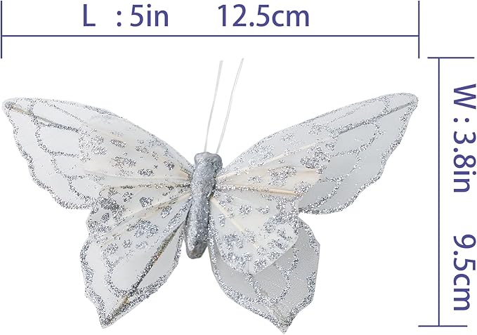 YCHTEWY- Artificial Butterfly for Decoration Silvery Ornament Tree Set of 12 with Wire Valentine's Day Gift Christmas and Wedding Decoration