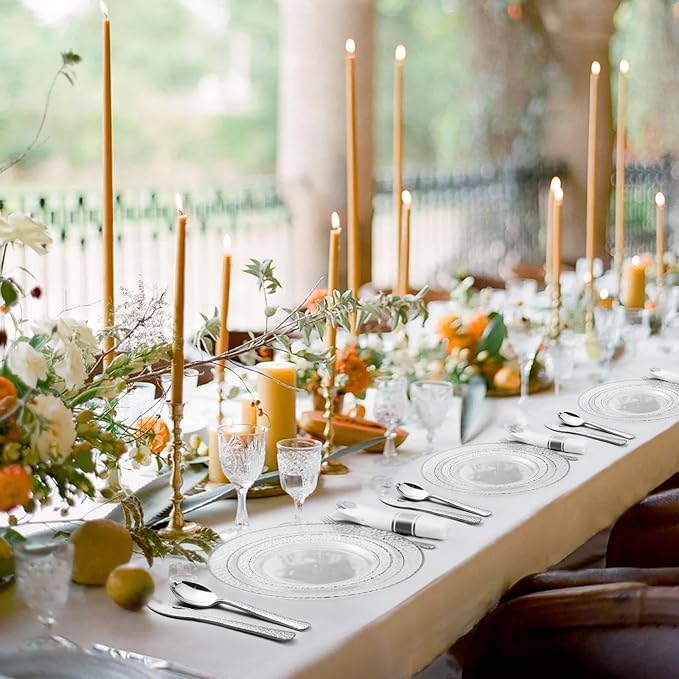 Bestluck 350PCS Clear Plastic Plates with Silver Trim for 50 Guests, Disposable Dinnerware Set for Party & Wedding, Includes 100 Plastic Plates, 50 Pre Rolled Napkins with Silver Silverware, 50 Cups