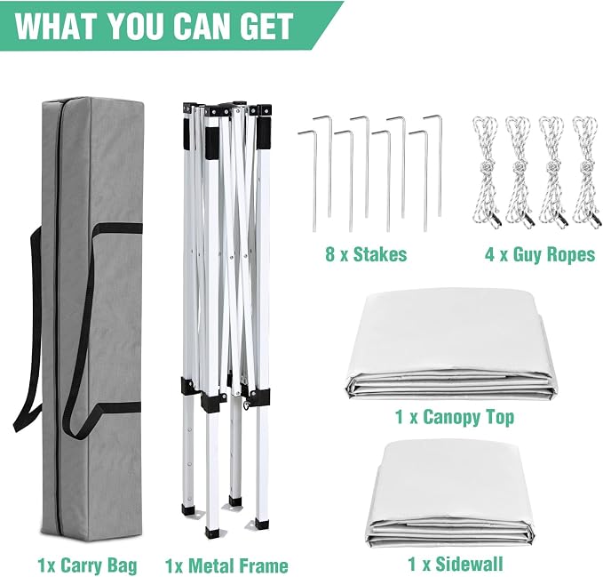 5x5 Pop Up Canopy Tent with One Sidewall, Instant Portable Beach Canopy, Outdoor Tent with Carry Bag for Camping, Sports, Tailgating, Events, White