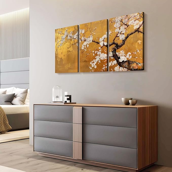 3 Pcs Framed Japanese Golden Plum Blossom Flower Wall Art Decor Canvas Print Picture Traditional Woodblock Print Style Farmhouse Poster Gallery Bedroom Living Room Office 12x16 Inch Ready to Hang