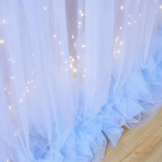 10×12ft Baby Blue Sheer Tulle Backdrop Curtains with Lights String for Parties Baby Shower Decorations for Boy Bridal Shower Birthday Party Photo Shoot Background Wall Decorations 2 Panels 5×12ft
