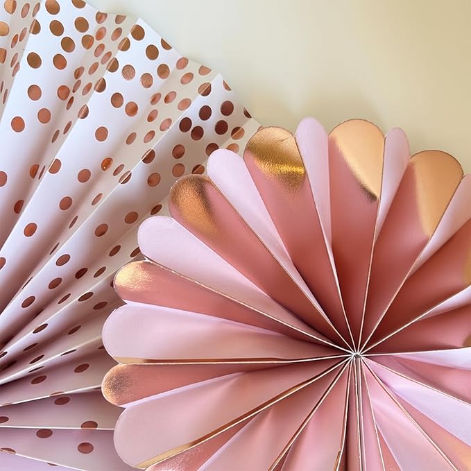 PapaKit 8-Piece Origami Paper Fan Set - Lustrous Pink Coral & Metallic Rose Gold | Reusable Hanging Pinwheel Wall Backdrop for Girls Birthday, Boho Baby Shower, Wedding & Bridal Party Decorations