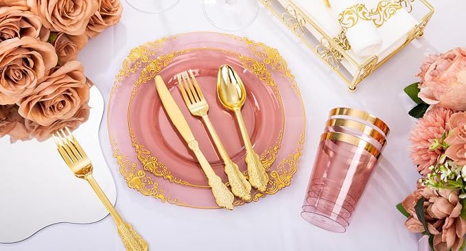 Hioasis 175pcs Burgundy and Gold Plates - Burgundy Party Plates for 25 Guest, Include 50 Heavy-duty Plates(20% Thicker Than Standard), 75 Cutlery Set, 25 Napkin, 25 Cups