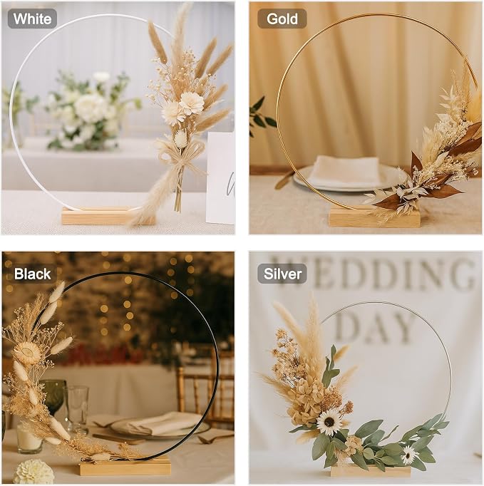 12 Pack Floral Hoop with Stand and LED Fairy Lights 14 inch Metal Rings for DIY Centerpiece Table Decorations Crafts Macrame Rings Hoop Wreath Dream Catcher Ring Wedding Christmas Wreaths, Silver