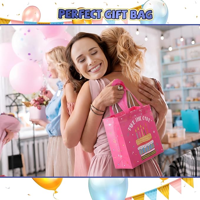 Wesnoy 24 Pcs Happy Birthday Gift Bags Bulk Medium Party Favor Bags Reusable Non Woven Goodie Tote Bag 8 x 8 x 3.5 in Gift Bag with Handles for Birthday Baby Shower Wedding Party Supplies