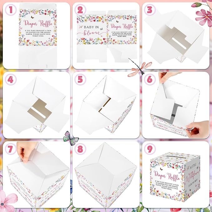 Teling 51 Pieces Diaper Raffle Tickets with Card Box Baby Shower Decorations Gender Reveal Holder Box for Girl Boy Diaper Raffle Party (Baby In Bloom)