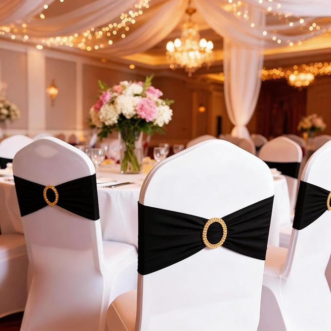 Pack of 100 Spandex Black Chair Sashes with Gold Buckles, Stretch Chairs Sashes for Wedding Party Baby Shower Ceremony Event Decorations Chair Bands Bows (Black Sashes, Gold Buckles)
