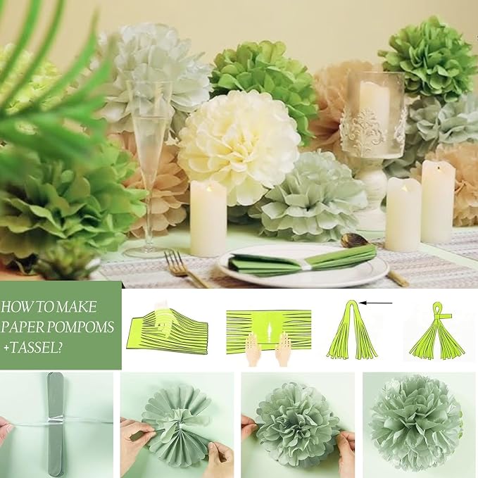 Baby Shower Decorations - Sage Green Balloons Welcome Baby Banner, Cake Topper, Paper PomPoms, Tassels, Star Banner Decor for Baby Shower Decorations Neutral Gender Reveal Party Supplies