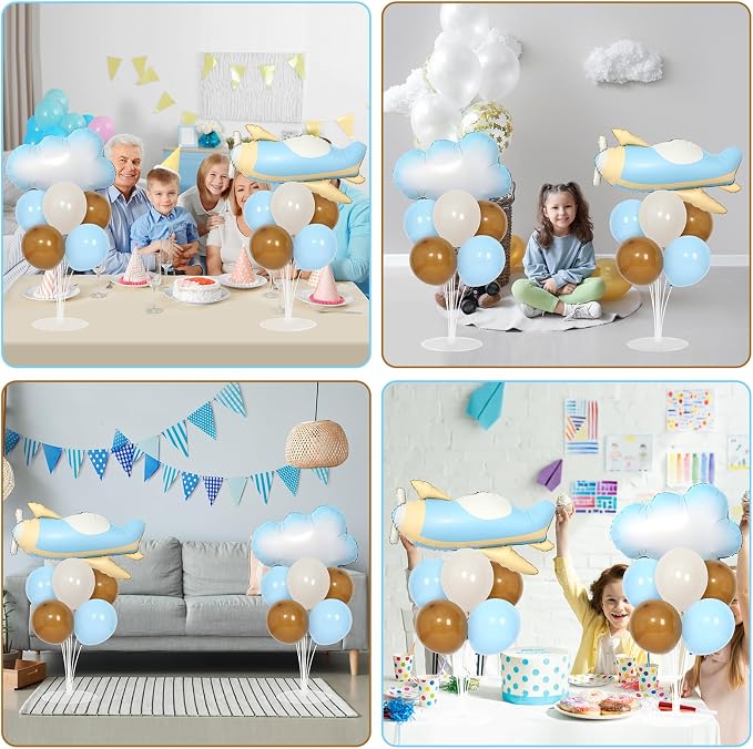Airplane Baby Shower Birthday Party Decorations Balloons Stand Kit 2 Sets with 2 Airplane Cloud Foil Balloons Baby Boy Shower Balloon Centerpiece for Table for Kid Time Flies 1st Birthday Party Decor