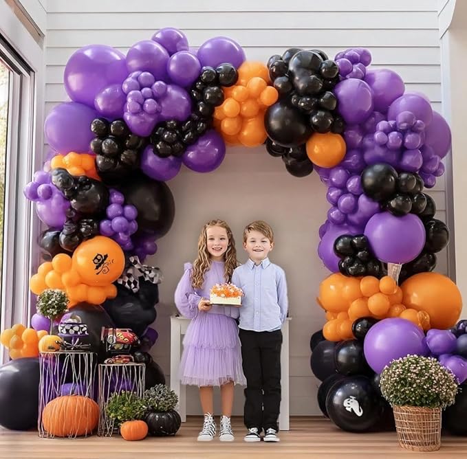 Purple Orange Balloon Arch Kit, Double Stuffed Purple Lavender Orange Black Balloon Garland for Basketball Sport Theme Birthday Race Car Magic Graduation Baby Shower Party Decorations