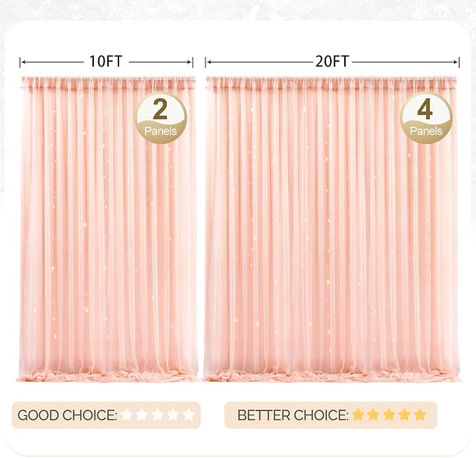 30x10ft Peach Tulle Backdrop Curtain with Lights String for Parites, Sheer Photo Backdrop Curtains with Lights for Wedding Backdrop Ceremony Reception Bridal Shower Baby Shower Birthday Party