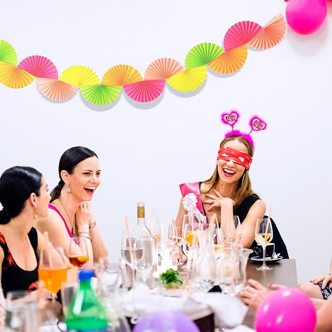3 Pack Neon Paper Fans Garland 15.6ft Colorful Background Ceiling Hanging Decorations Paper Garland Decorations Set for Birthday Neon Party Supplies 3D Bachelorette Party Decoration(Bright)