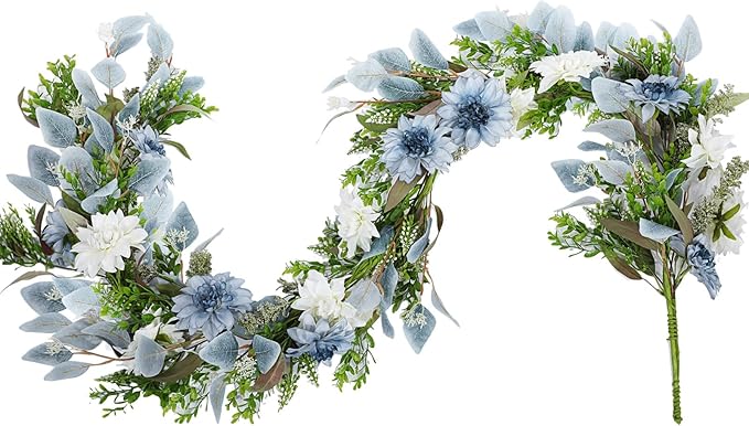 Giegxin 2 Pack 6 ft Artificial Flower Garland with Dahlias and Eucalyptus Blue White Flower Fake Wisteria Vines Summer Greenery Garland for Wedding Mantle Porch Stair Table Indoor Decor