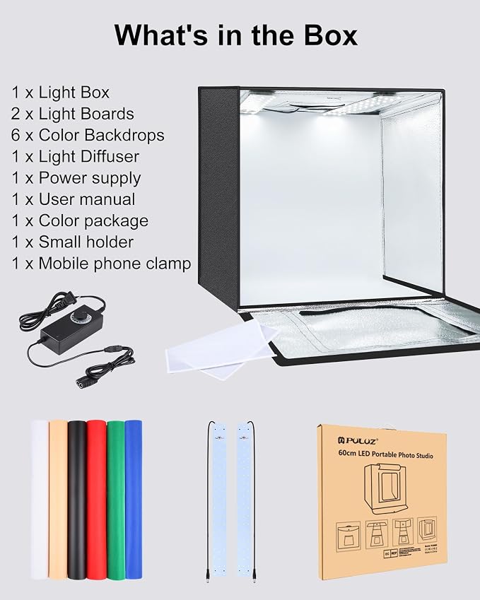 PULUZ Light Box Photography, 24x24 inch Large Photo Light Box with 136 LED Beads, CRI >95, Professional Portable Photo Booth Shooting Tent Kit with 6 Color Backdrops for Product Photography