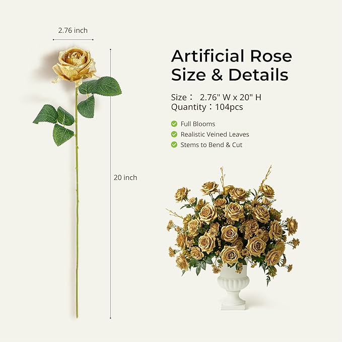 Auihiay 104PCS Gold Rose Artificial Flowers, Fake Roses, Lifelike Gold Roses Banquet for Wedding Centerpieces, Bridal Shower Bouquets, Home Decor, Mother's Day, Birthday, Valentine's Day Decoration