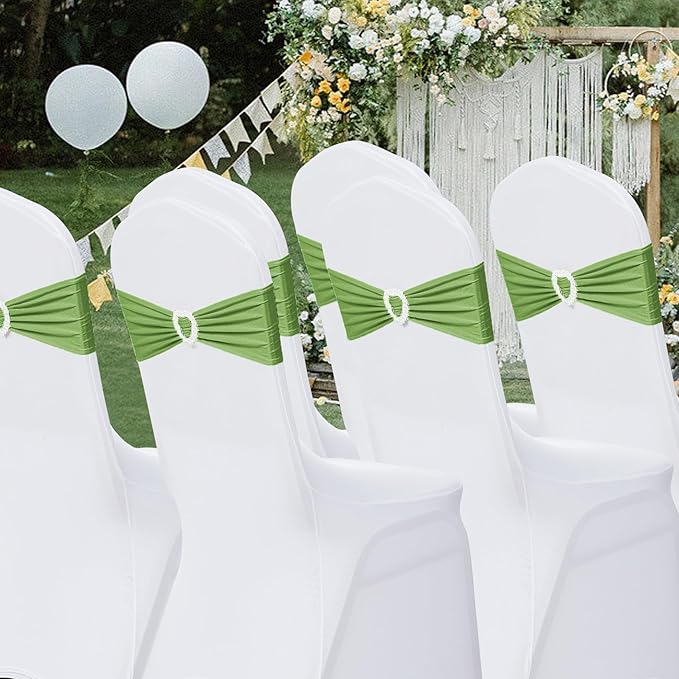 Howhic Pack of 120 Spandex Chair Sashes Bows Stretch Chair Cover Band with Buckle Slider Universal Elastic Chair Ties for Wedding Banquet Party Event Decoration (Sage Green)