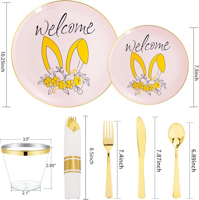 DaYammi 210Pcs Easter Plastic Plates,Pink Gold Party Plates with Bunny Egg Design Include 30 Dinner Plates,30 Dessert Plates,30 Pre Rolled Napkins with Gold Silverware,30 Plastic Cups for Easter Party