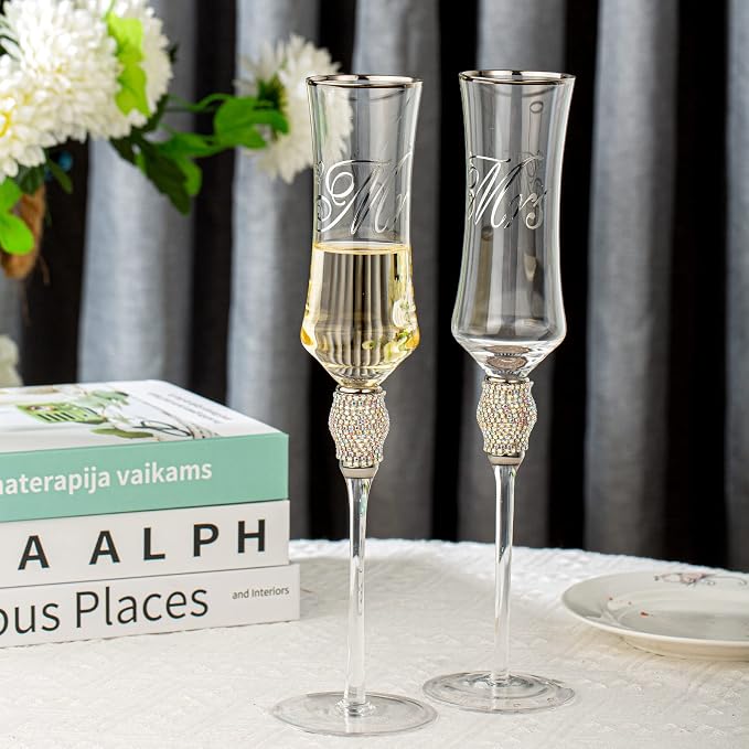 Wedding Cake Knife and Server Set, Mr and Mrs Champagne Flutes Glasses for Bride and Groom Decorated with Colorful Rhinestones, Wedding Gifts for Newly Engaged Couple (Silver)