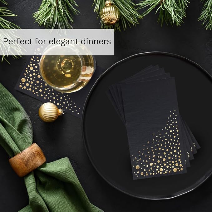 Stylish Black and Gold Napkins, 100 Dinner Napkins, Disposable Paper Dinner Napkins for Wedding Reception, Gold and Black Napkins for Party, 7.5 x 4.25 Inch Party Napkins for 50th Birthday Napkins