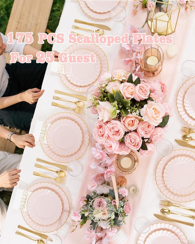 YOUBET 175PCS Pink Scalloped Plastic Plates - Gold Disposable Dinnerware Set Include 50 Plates, 75 Gold Silverware, 25 Cups, 25 Napkins for Party & Wedding & Baby Shower