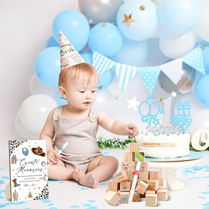 97 Pcs Baby Shower Games Sign Kit,Including Decorate a Block Game Sign 72 DIY Blank Wooden Block 24 Pen to Draw Your Idea for Cowboy Baby Shower Party Game Gender Reveal Party
