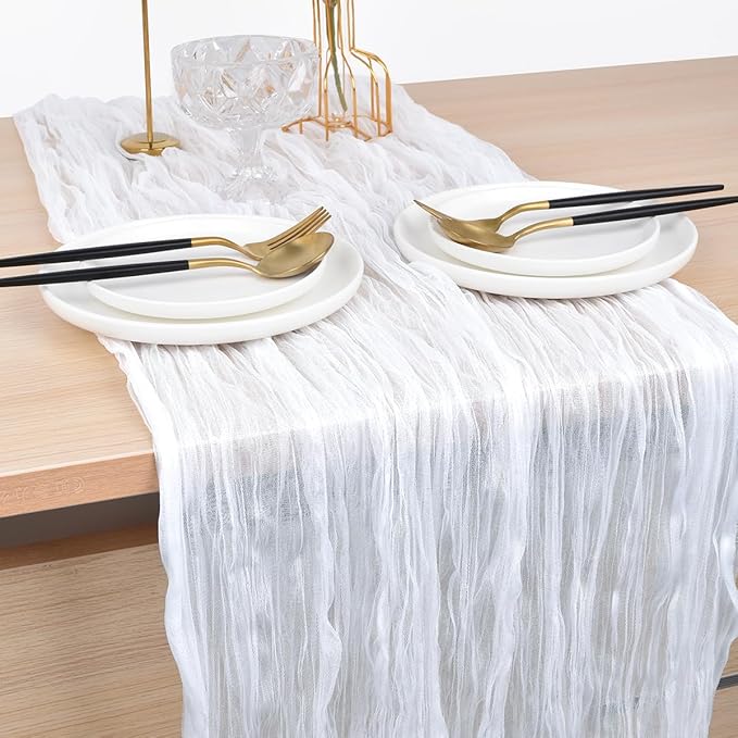 Joanlody Ivory Cheesecloth Table Runner Spring Summer 10Ft Rustic Gauze Boho Cheese Cloth Table Runner for Wedding Bridal Baby Shower Decoration 4 Pack