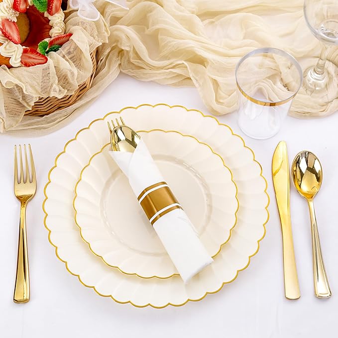 YOUBET 350PCS Ivory Scalloped Plastic Plates - Ivory and Gold Disposable Dinnerware Set Include 100 Plates, 150 Gold Silverware, 50 Cups, 50 Napkins for Wedding & Party
