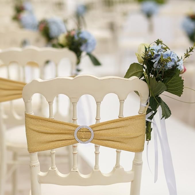 SquarePie Pack of 50 Gold Chair Sashes Bows with Buckle Slider Universal Elastic Spandex Bands Ties for Banquet Event Decor